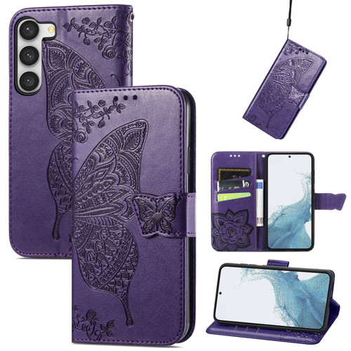 Samsung Galaxy S23 Ultra 5G Butterfly Love Flower Embossed Leather Phone Case - Purple