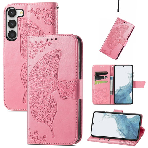 Samsung Galaxy S23 Ultra 5G Butterfly Love Flower Embossed Leather Phone Case - Pink