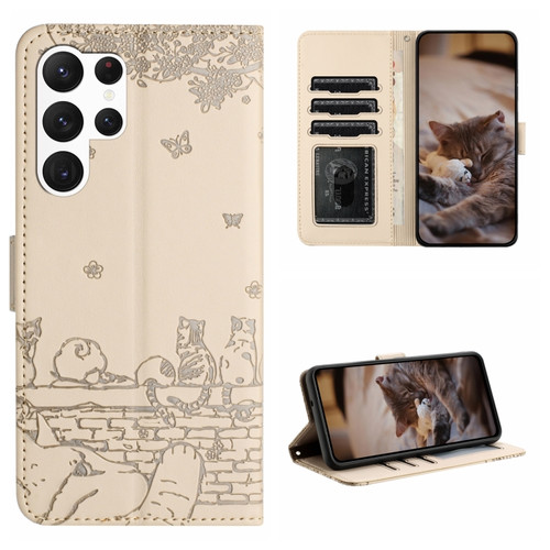 Samsung Galaxy S23 Ultra Cat Embossing Pattern Leather Phone Case with Lanyard - Beige