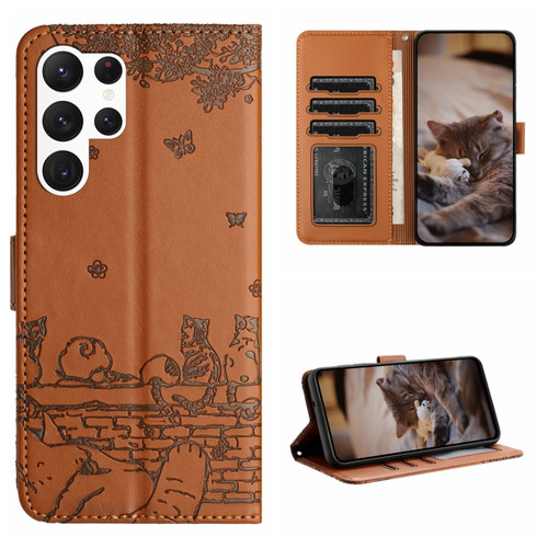 Samsung Galaxy S23 Ultra Cat Embossing Pattern Leather Phone Case with Lanyard - Brown