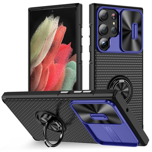 Samsung Galaxy S23 Ultra 5G Sliding Camshield Armor Phone Case with Ring Holder - Blue Black