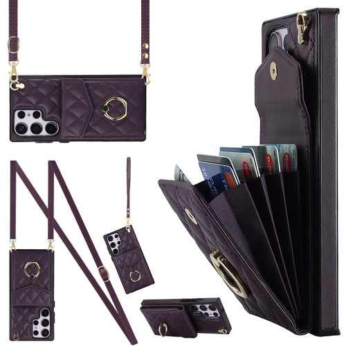 Samsung Galaxy S23 Ultra 5G Rhombic Texture Card Bag Phone Case with Long Lanyard - Dark Purple