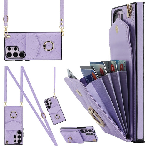 Samsung Galaxy S23 Ultra 5G Rhombic Texture Card Bag Phone Case with Long Lanyard - Light Purple