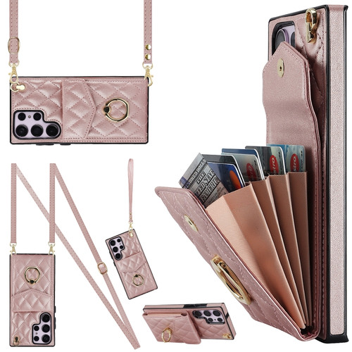 Samsung Galaxy S23 Ultra 5G Rhombic Texture Card Bag Phone Case with Long Lanyard - Rose Gold