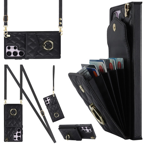 Samsung Galaxy S23 Ultra 5G Rhombic Texture Card Bag Phone Case with Long Lanyard - Black