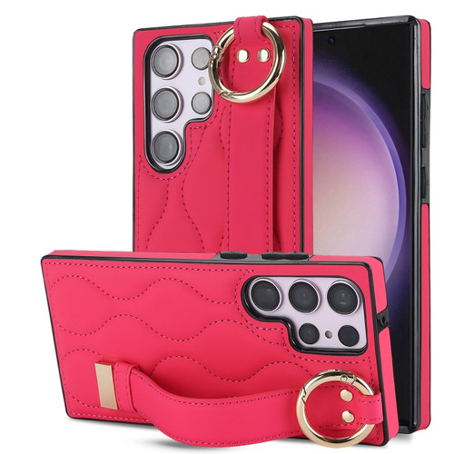 Samsung Galaxy S23 Ultra Non-slip Full Coverage Ring PU Phone Case with Wristband - Rose Red