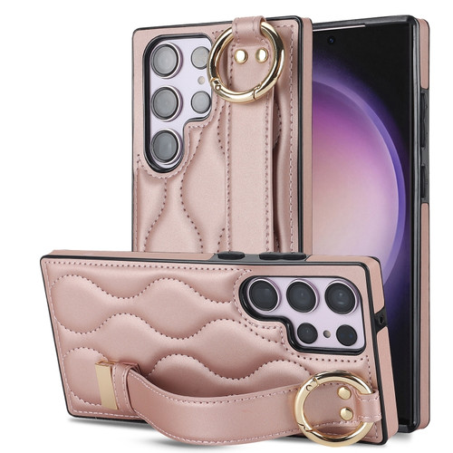 Samsung Galaxy S23 Ultra Non-slip Full Coverage Ring PU Phone Case with Wristband - Rose Gold