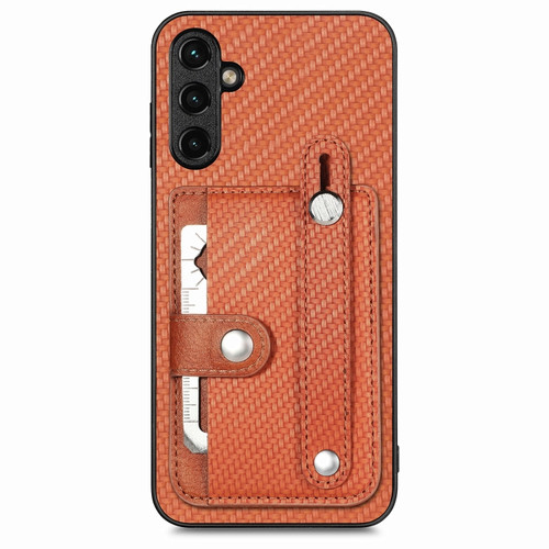 Samsung Galaxy A14 5G Wristband Kickstand Wallet Back Phone Case with Tool Knife - Brown