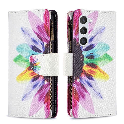 Samsung Galaxy S23 5G Colored Drawing Pattern Zipper Leather Phone Case - Sun Flower