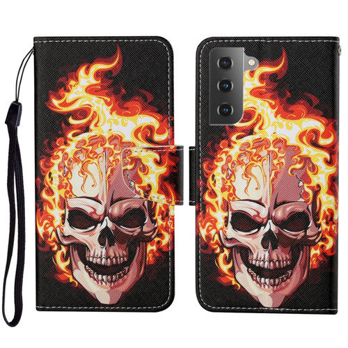 Samsung Galaxy S23 5G Colored Drawing Pattern Leather Phone Case - Flame Skull