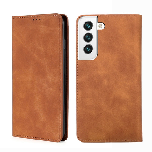 Samsung Galaxy S23 5G Skin Feel Magnetic Horizontal Flip Leather Phone Case - Light Brown