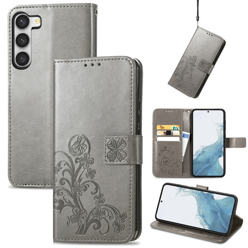 Samsung Galaxy S23 5G Four-leaf Clasp Embossed Buckle Leather Phone Case - Gray