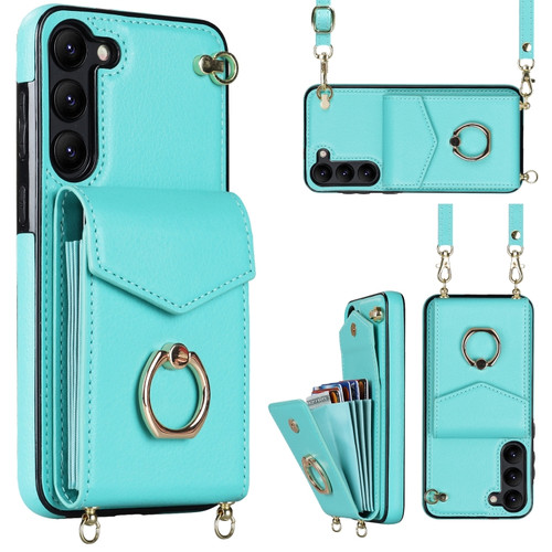 Samsung Galaxy S23 5G Ring Holder RFID Card Slot Phone Case with Long Lanyard - Mint Green