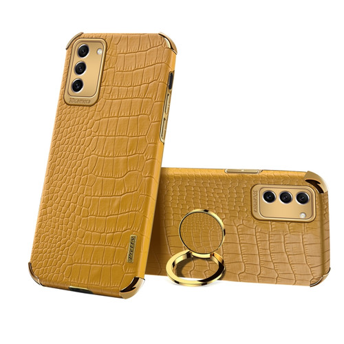 Samsung Galaxy S23 5G 6D Electroplating Crocodile Texture Phone Case With Holder - Brown
