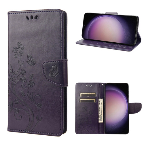 Samsung Galaxy S23 5G Butterfly Flower Pattern Flip Leather Phone Case - Dark Purple