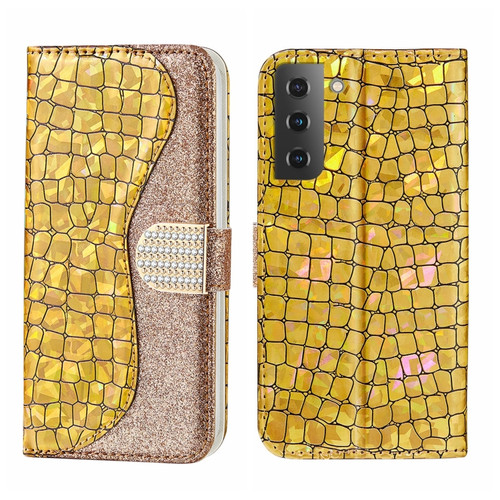 Samsung Galaxy S23 5G Laser Glitter Powder Crocodile Texture Leather Phone Case - Gold