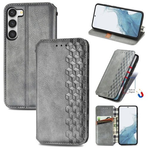 Samsung Galaxy S23 5G Cubic Grid Pressed Magnetic Leather Phone Case - Gray