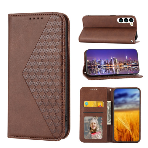 Samsung Galaxy S23 5G Cubic Grid Calf Texture Magnetic Leather Phone Case - Brown