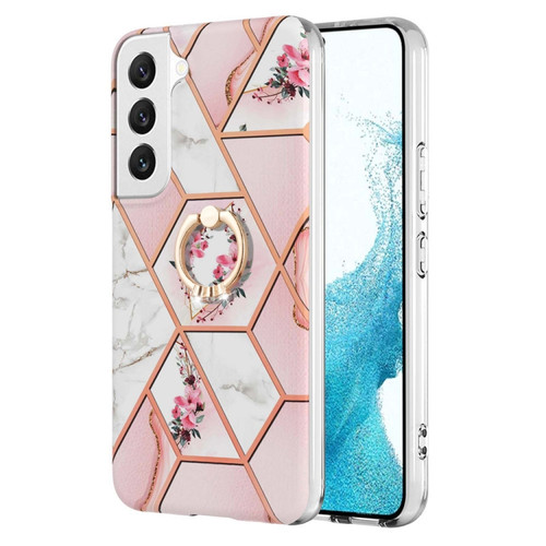 Samsung Galaxy S23 5G Splicing Marble Flower IMD TPU Phone Case with Ring Holder - Pink Flower