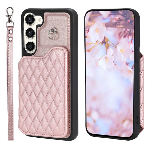 Samsung Galaxy S23 5G Grid Texture Card Bag Phone Case with Lanyard - Rose Gold