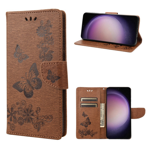 Samsung Galaxy S23 5G Butterfly Embossed Horizontal Flip Leather Phone Case - Brown
