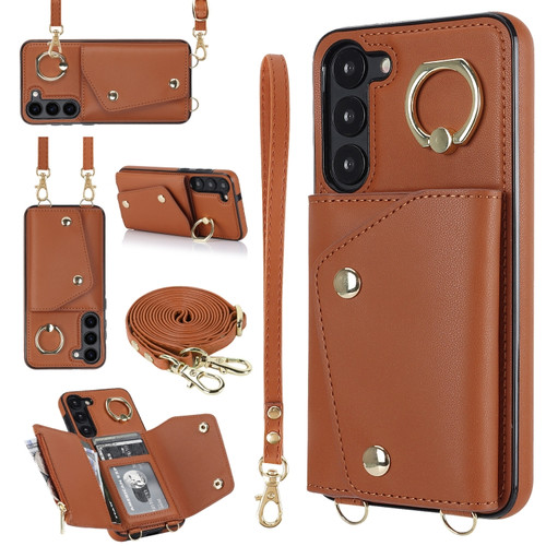 Samsung Galaxy S23 5G Zipper Card Bag Phone Case with Dual Lanyard - Brown