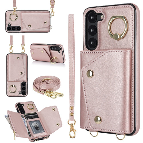 Samsung Galaxy S23 5G Zipper Card Bag Phone Case with Dual Lanyard - Rose Gold