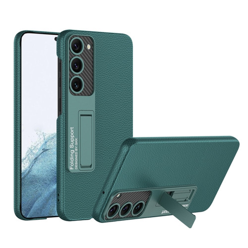 Samsung Galaxy S23 5G GKK Plain Leather Shockproof Phone Case with Holder - Forest Green