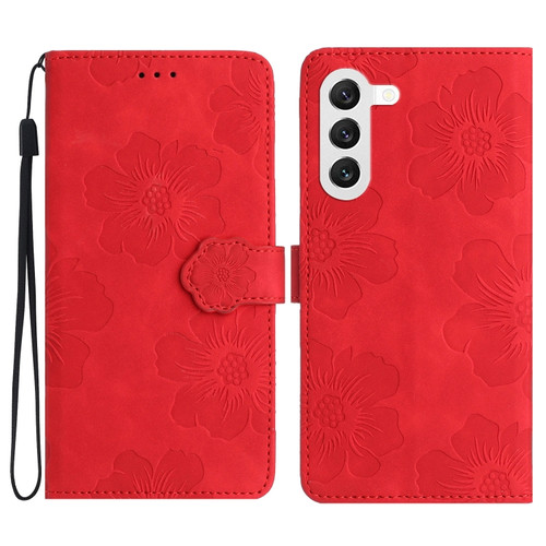 Samsung Galaxy S23 5G Flower Embossing Pattern Leather Phone Case - Red
