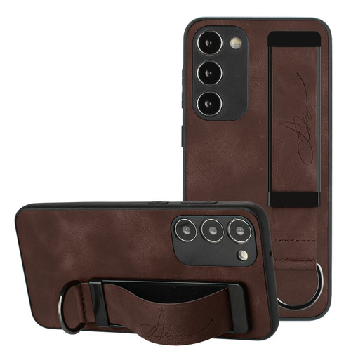 Samsung Galaxy S23 5G Wristband Holder Leather Back Phone Case - Coffee