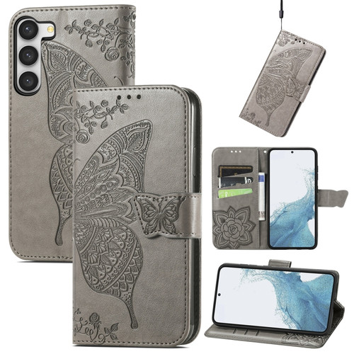 Samsung Galaxy S23 5G Butterfly Love Flower Embossed Leather Phone Case - Gray