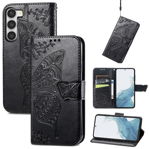 Samsung Galaxy S23 5G Butterfly Love Flower Embossed Leather Phone Case - Black