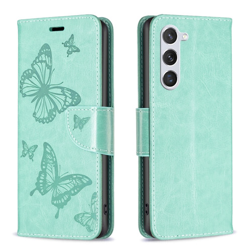 Samsung Galaxy S23 5 Embossing Two Butterflies Pattern Leather Case - Green