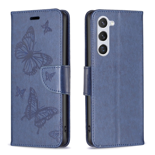 Samsung Galaxy S23 5 Embossing Two Butterflies Pattern Leather Case - Blue