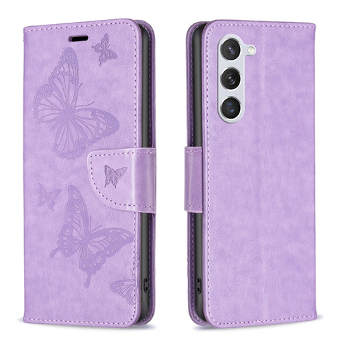 Samsung Galaxy S23 5 Embossing Two Butterflies Pattern Leather Case - Purple
