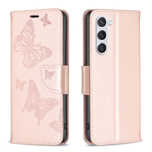 Samsung Galaxy S23 5 Embossing Two Butterflies Pattern Leather Case - Rose Gold