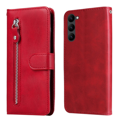 Samsung Galaxy S23 5G Calf Texture Zipper Leather Phone Case - Red