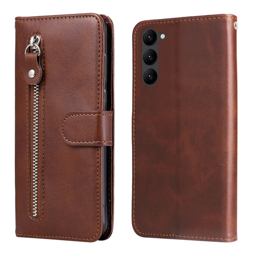 Samsung Galaxy S23 5G Calf Texture Zipper Leather Phone Case - Brown