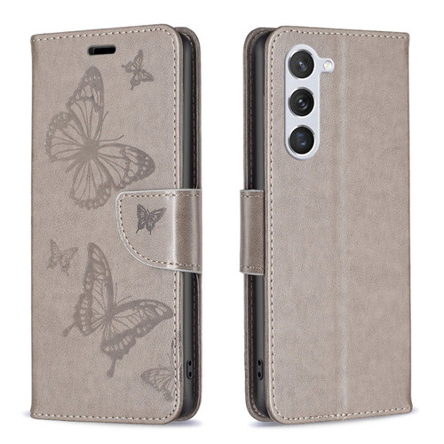 Samsung Galaxy S23 5 Embossing Two Butterflies Pattern Leather Case - Grey