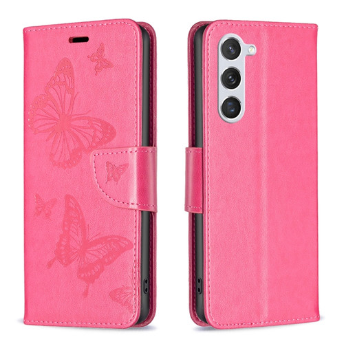 Samsung Galaxy S23 5 Embossing Two Butterflies Pattern Leather Case - Rose Red