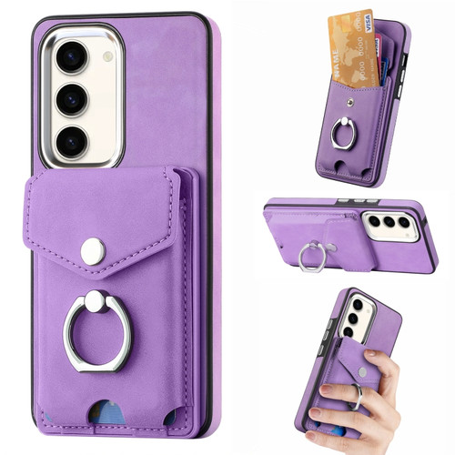 Samsung Galaxy S23 5G Electroplating Skin-feel Leather Ring Card Wallet Phone Case - Purple