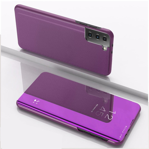 Samsung Galaxy S23 5G Plated Mirror Leather Phone Case with Holder - Purple