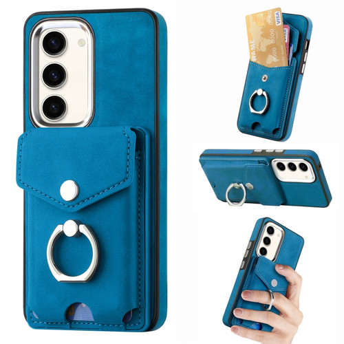 Samsung Galaxy S23 5G Electroplating Skin-feel Leather Ring Card Wallet Phone Case - Blue