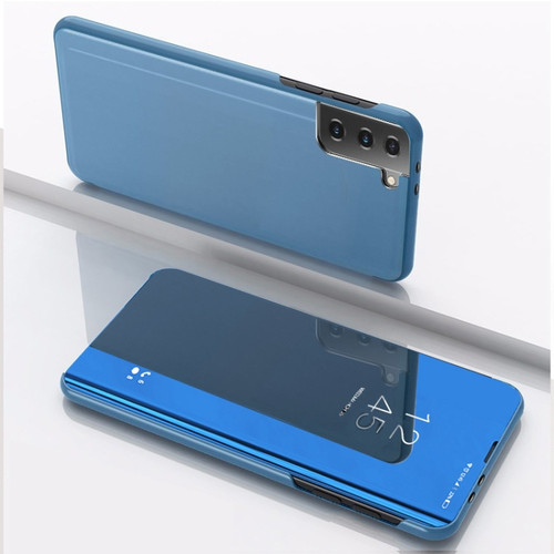 Samsung Galaxy S23 5G Plated Mirror Leather Phone Case with Holder - Blue