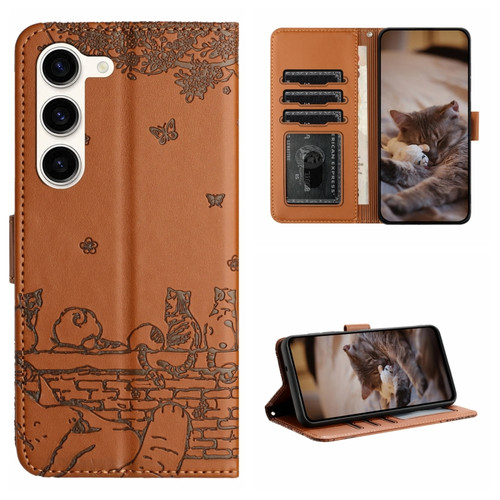 Samsung Galaxy S23 Cat Embossing Pattern Leather Phone Case with Lanyard - Brown