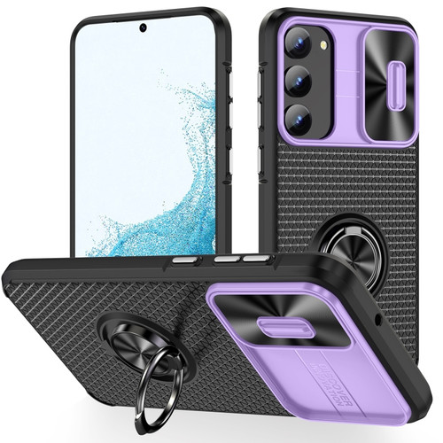 Samsung Galaxy S23 5G Sliding Camshield Armor Phone Case with Ring Holder - Purple Black