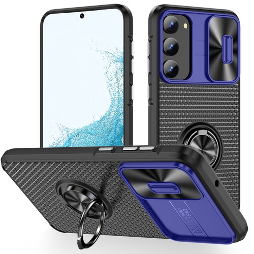 Samsung Galaxy S23 5G Sliding Camshield Armor Phone Case with Ring Holder - Blue Black
