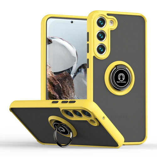 Samsung Galaxy S23 5G Q Shadow I Ring Kickstand PC and TPU Hybrid Phone Case - Yellow