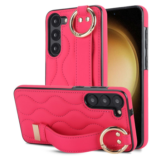 Samsung Galaxy S23 Non-slip Full Coverage Ring PU Phone Case with Wristband - Rose Red