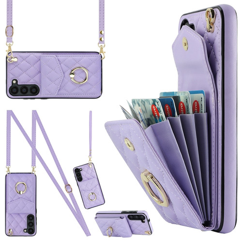 Samsung Galaxy S23 5G Rhombic Texture Card Bag Phone Case with Long Lanyard - Light Purple